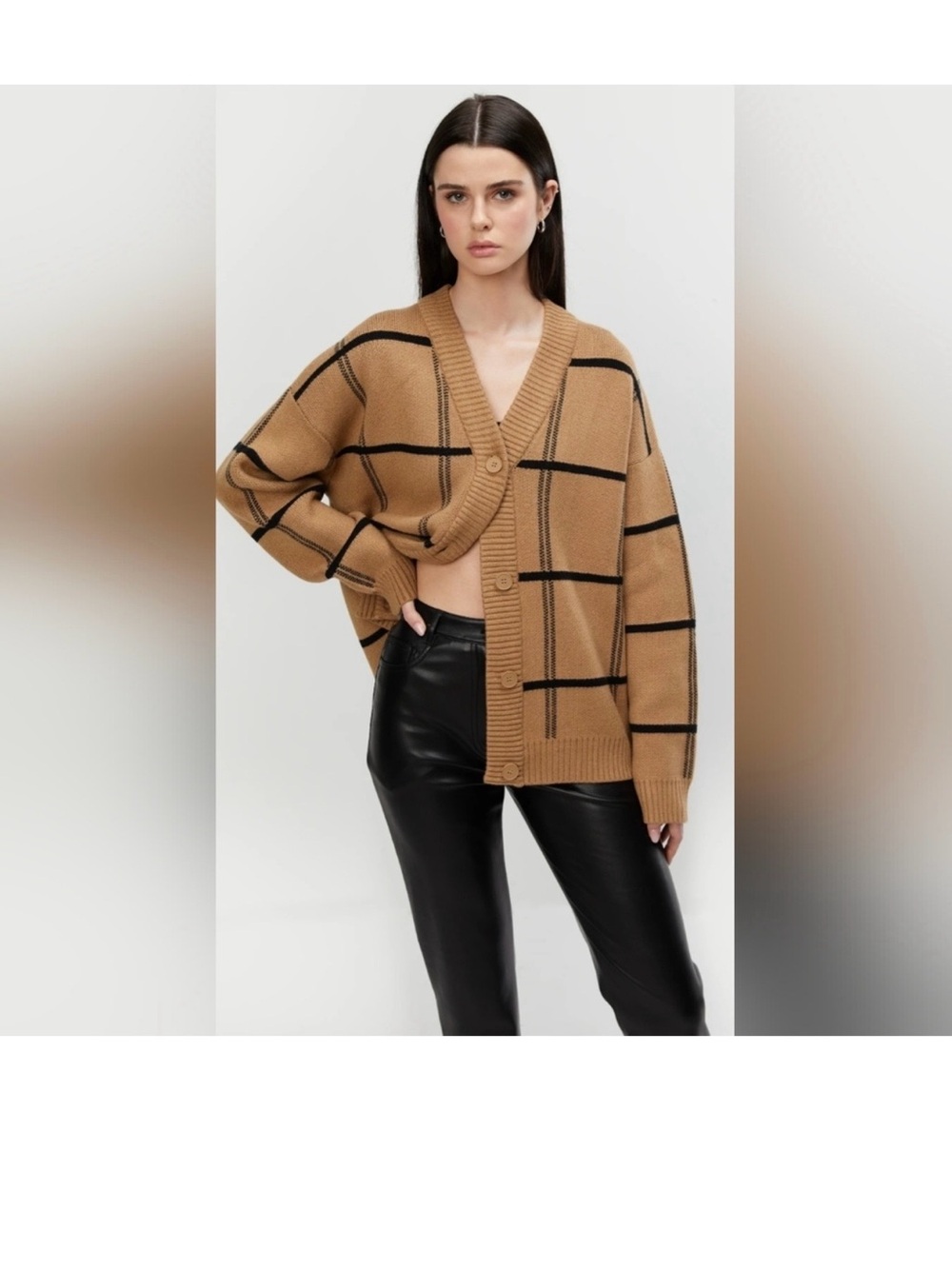 Oak and Fort Camel Plaid V-Neck Button Cardigan Sweater - Women
